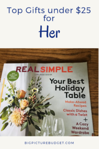 Top gifts under $25 for her. Get great gift ideas without breaking your budget. #giftguide #christmasgifts #bigpicturebudget
